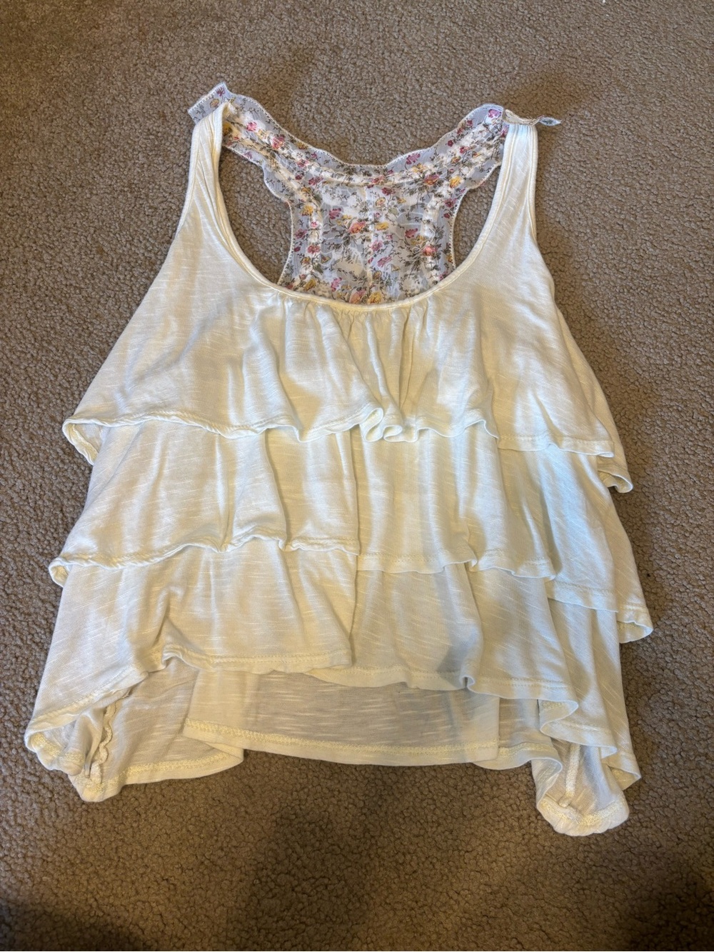 Kirra White Layered Ruffle Racerback Tank with Floral Lace Back